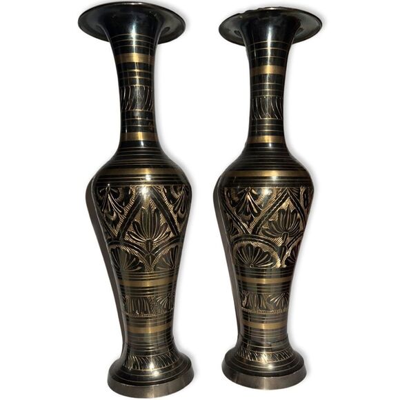 Set of Two Vintage Brass Hand Etched Floral Vases